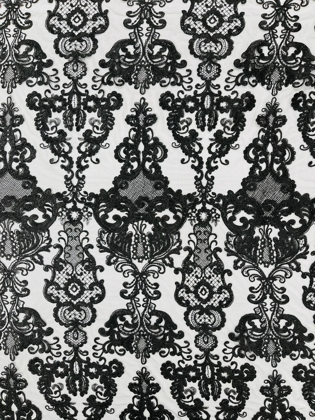 Embroidery Damask Design With Sequins On A Mesh Lace Fabric By Yard. Black