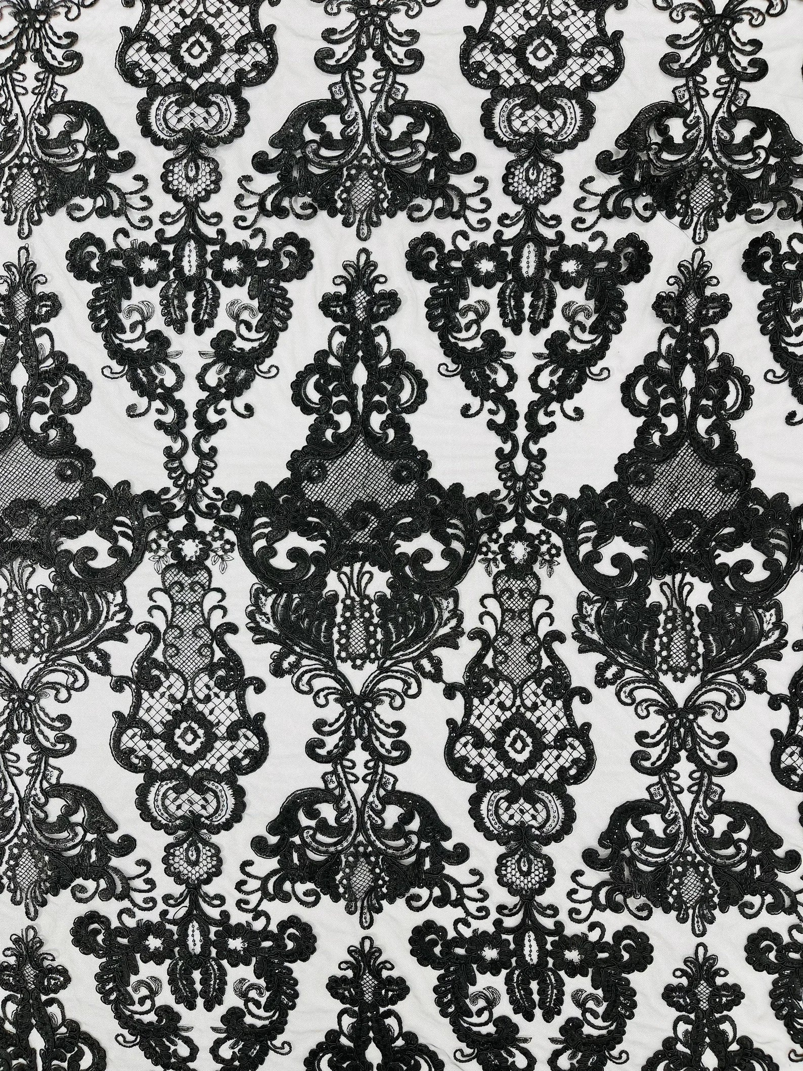 Embroidery Damask Design With Sequins On A Mesh Lace Fabric By Yard. Black