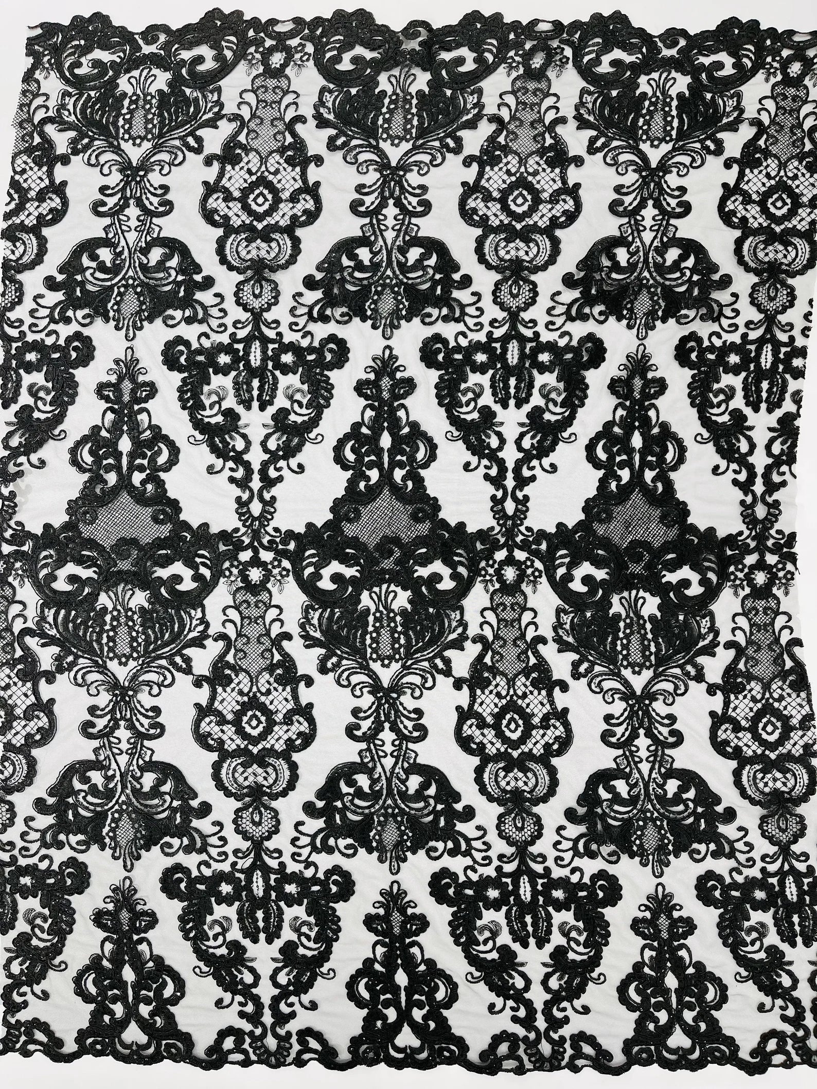 Embroidery Damask Design With Sequins On A Mesh Lace Fabric By Yard. Black