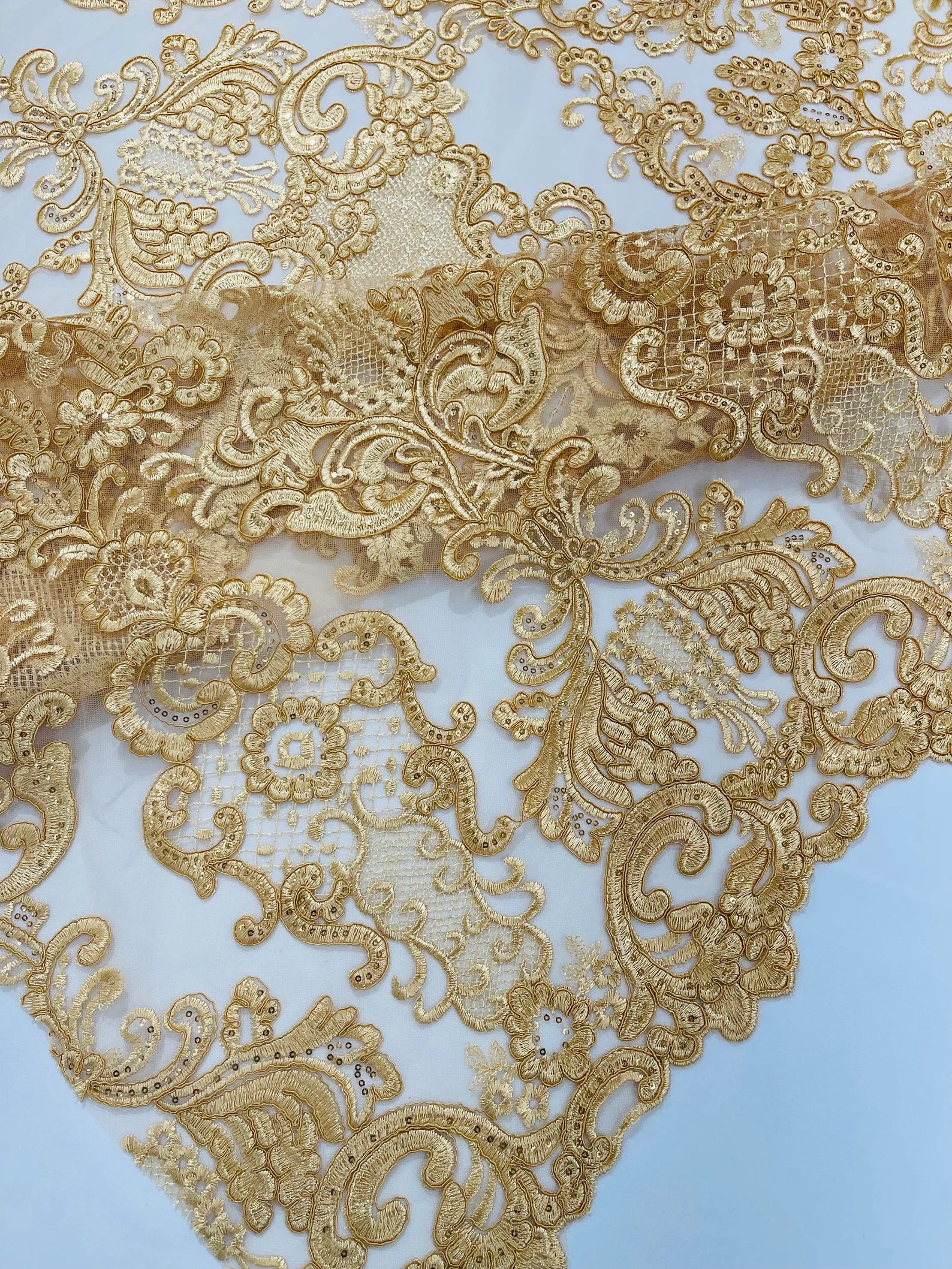 Embroidery Damask Design With Sequins On A Mesh Lace Fabric By Yard. Gold