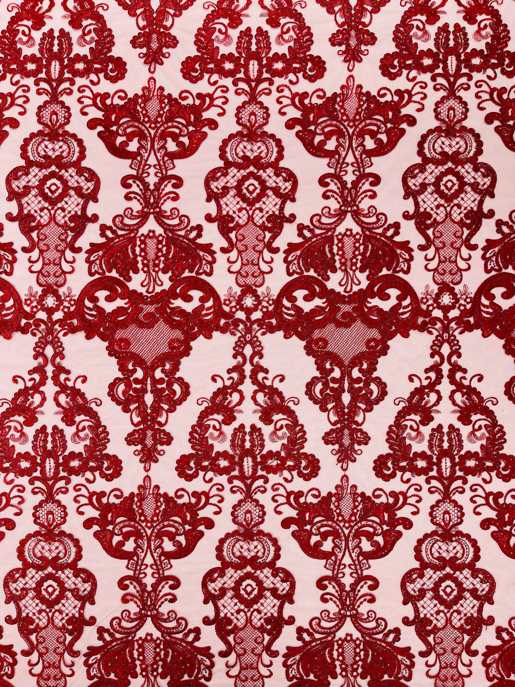 Embroidery Damask Design With Sequins On A Mesh Lace Fabric By Yard. Burgundy