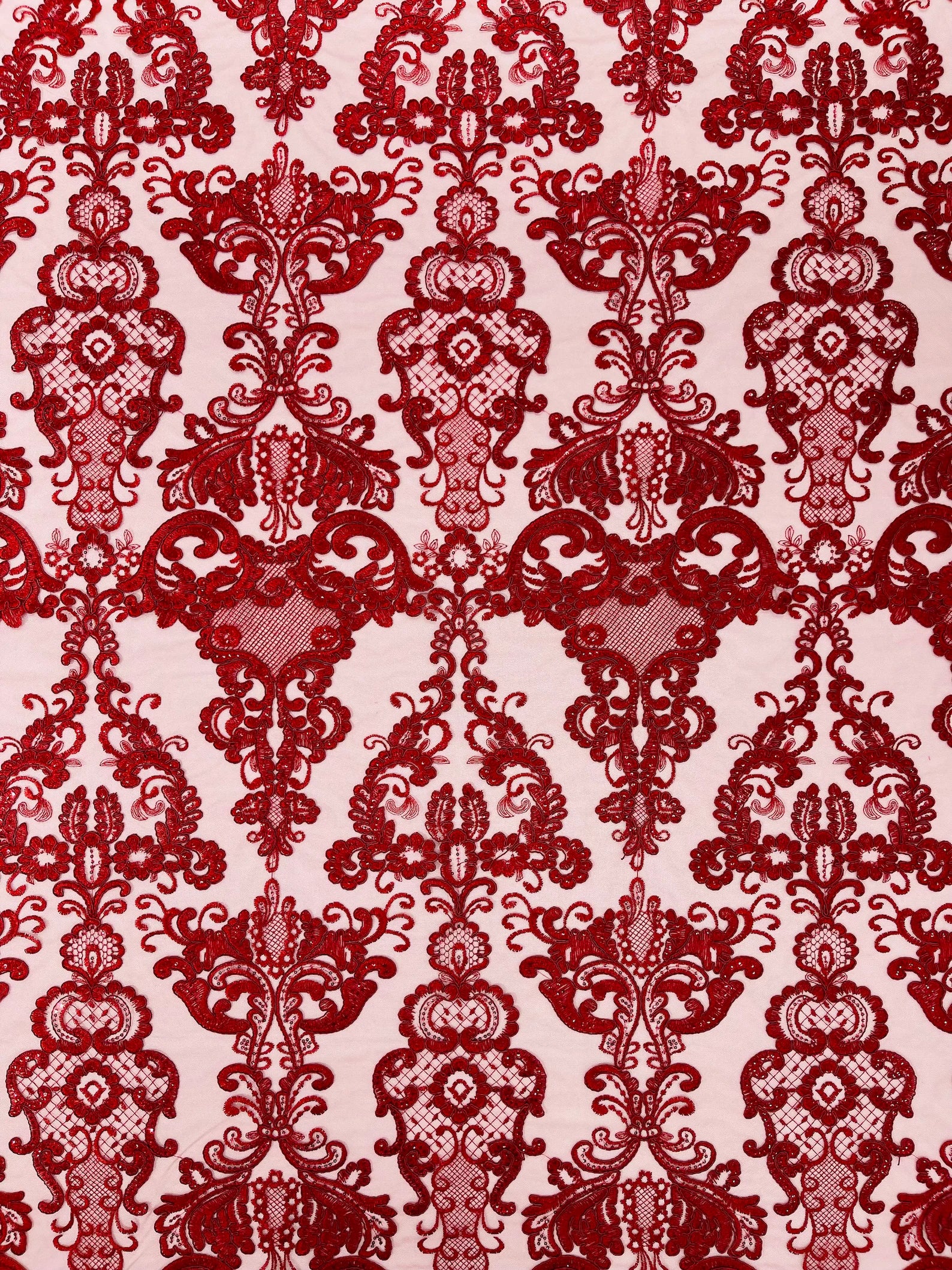Embroidery Damask Design With Sequins On A Mesh Lace Fabric By Yard. Burgundy