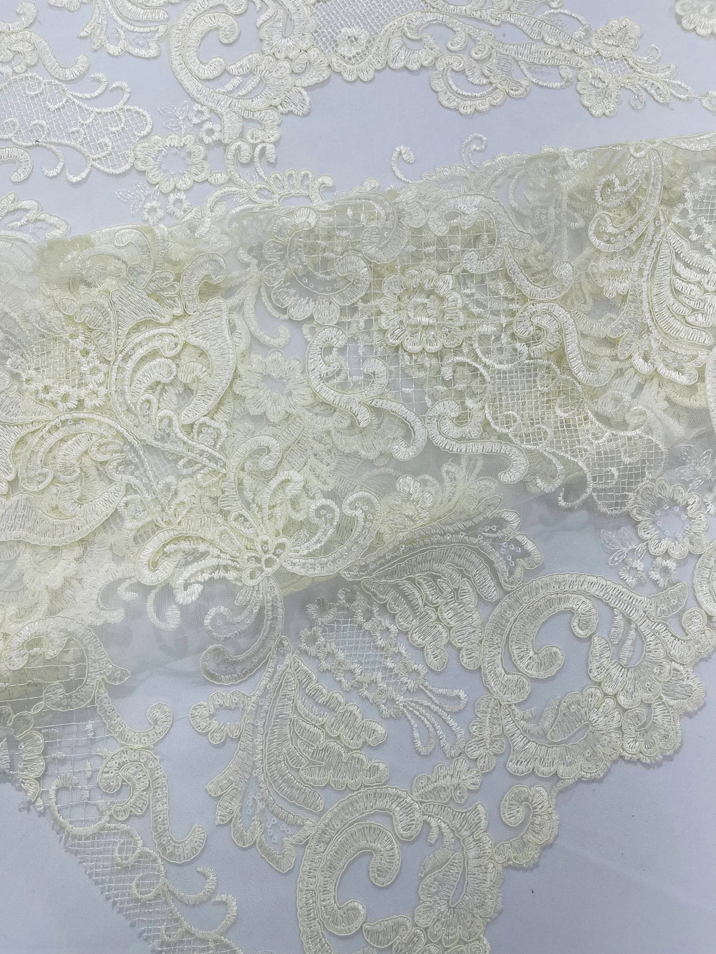 Embroidery Damask Design With Sequins On A Mesh Lace Fabric By Yard. Ivory