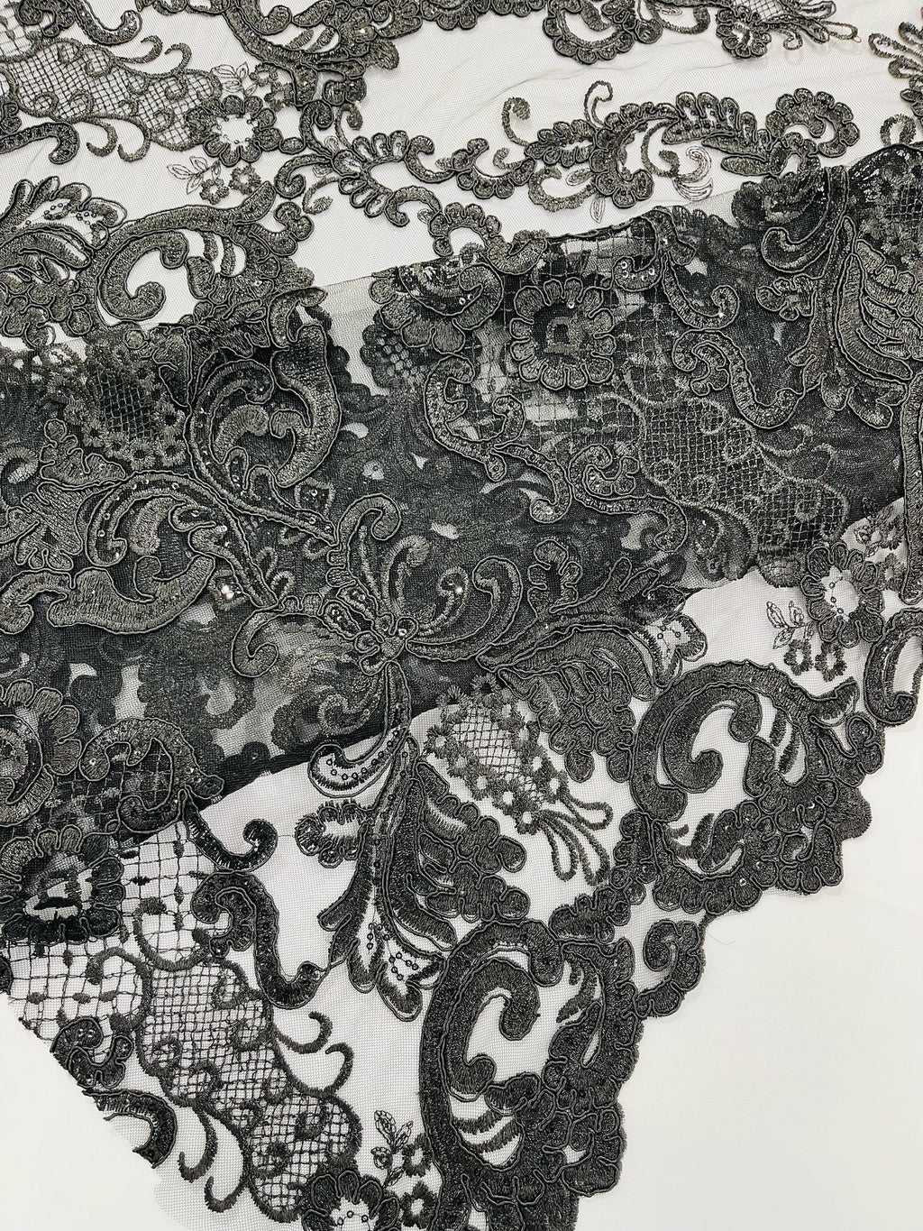 Embroidery Damask Design With Sequins On A Mesh Lace Fabric By Yard. Black