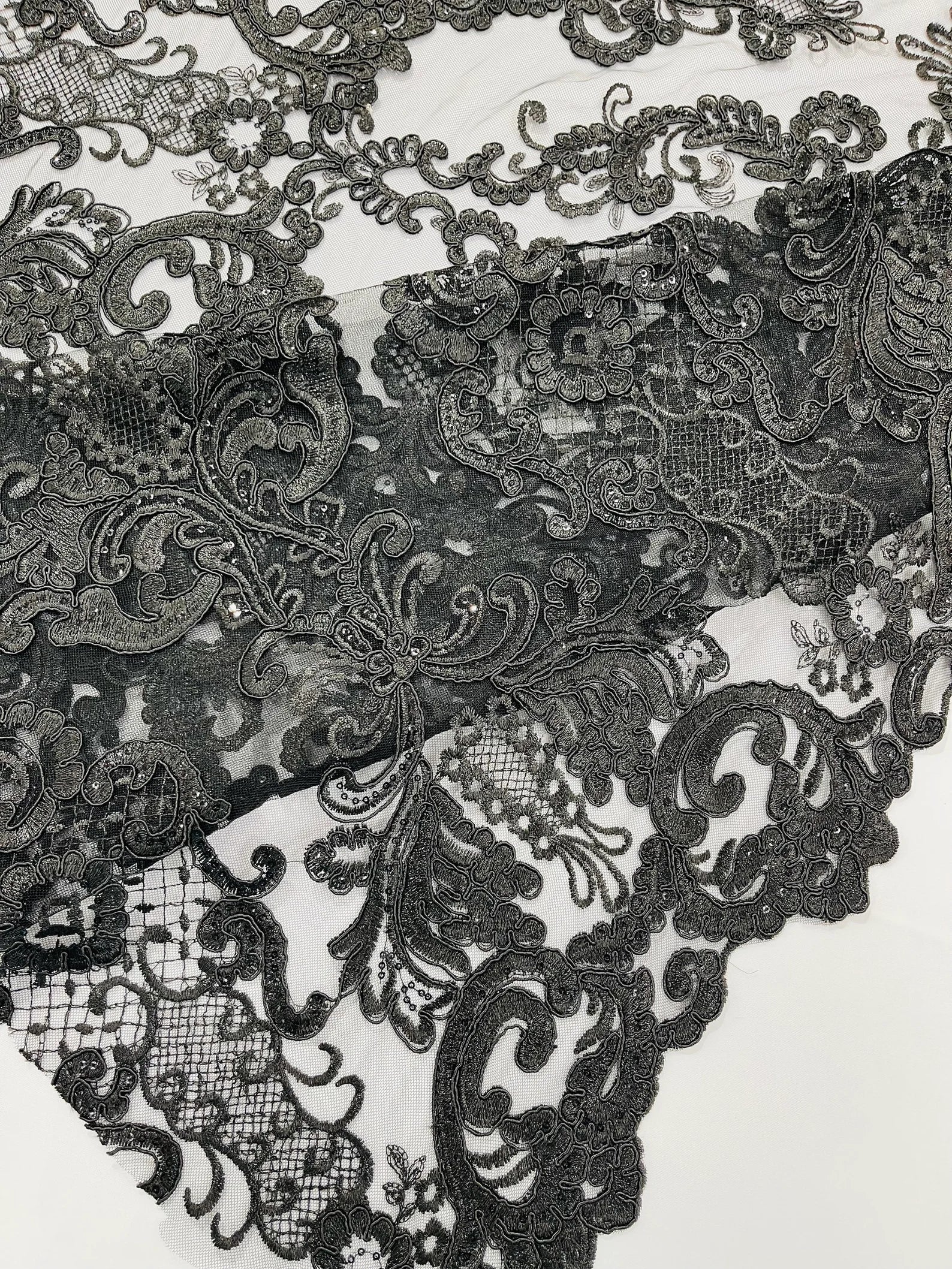 Embroidery Damask Design With Sequins On A Mesh Lace Fabric By Yard. Black