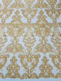 Embroidery Damask Design With Sequins On A Mesh Lace Fabric By Yard. Gold