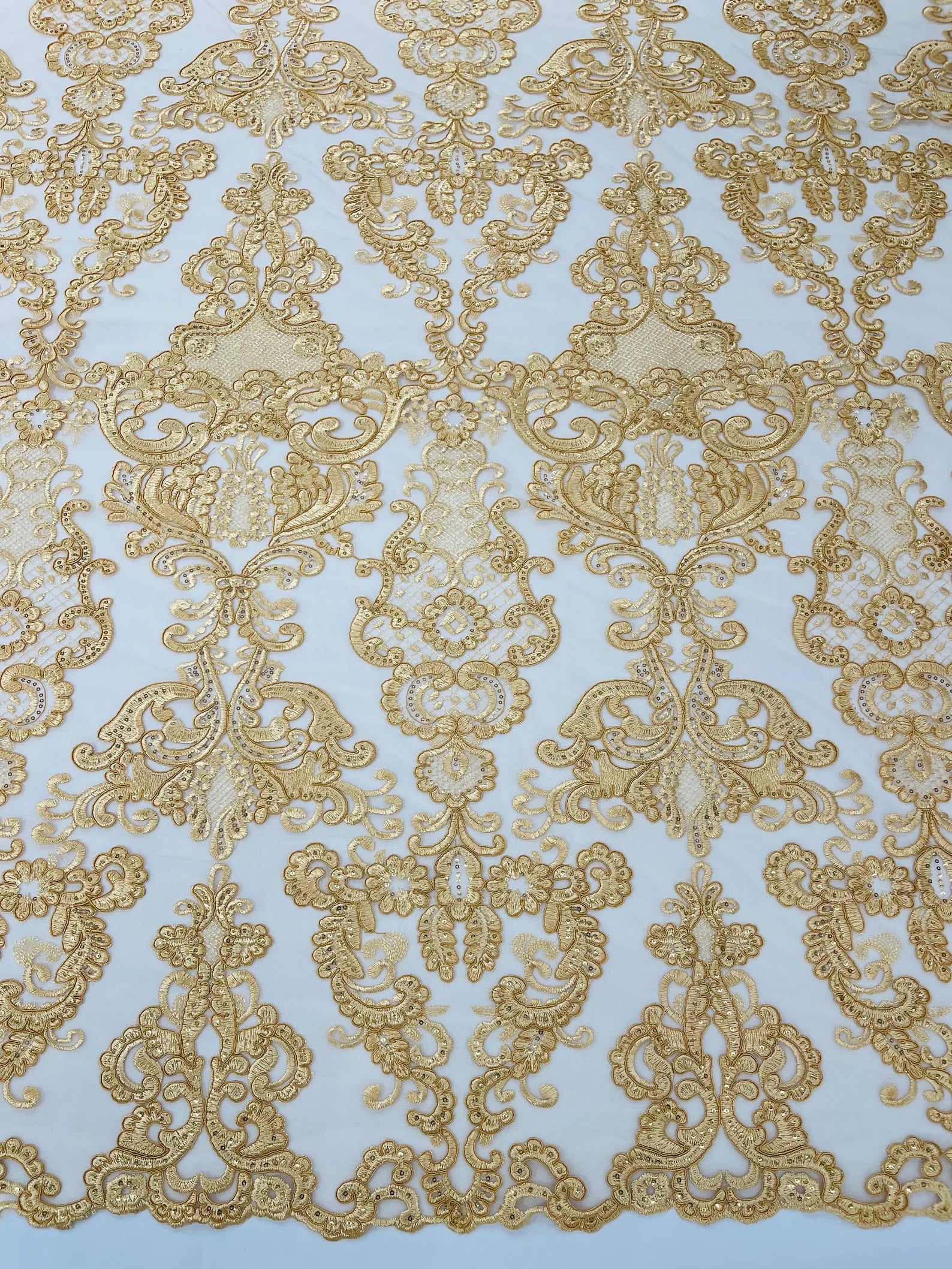 Embroidery Damask Design With Sequins On A Mesh Lace Fabric By Yard. Gold