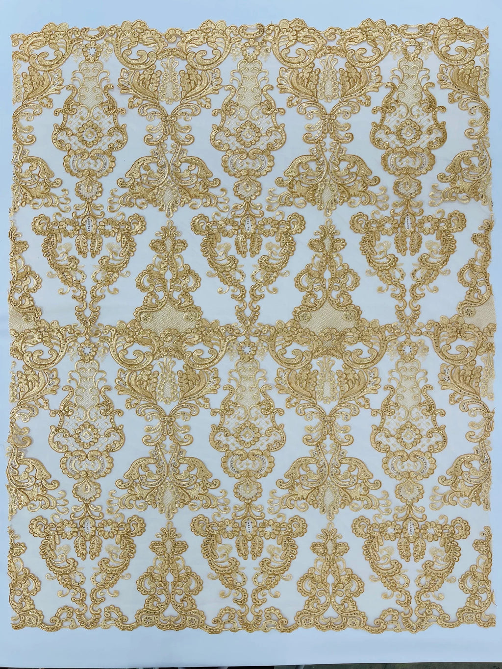 Embroidery Damask Design With Sequins On A Mesh Lace Fabric By Yard. Gold