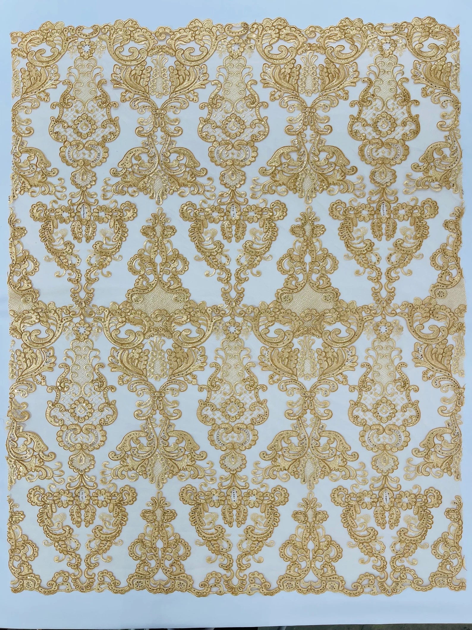 Embroidery Damask Design With Sequins On A Mesh Lace Fabric By Yard. Gold