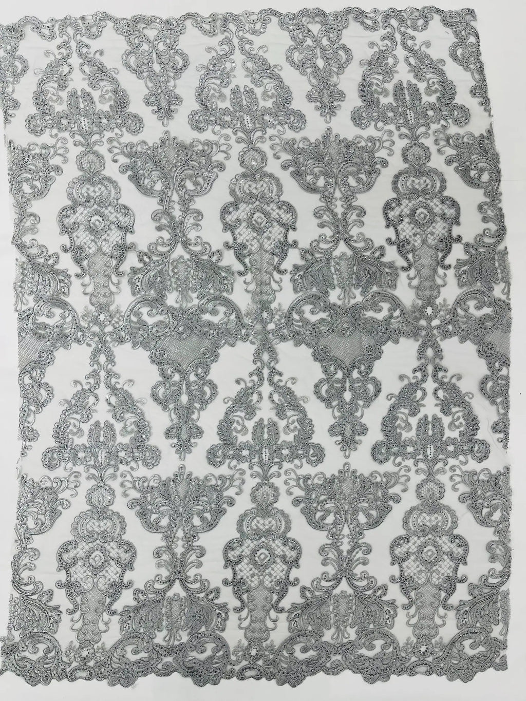 Embroidery Damask Design With Sequins On A Mesh Lace Fabric By Yard. Silver