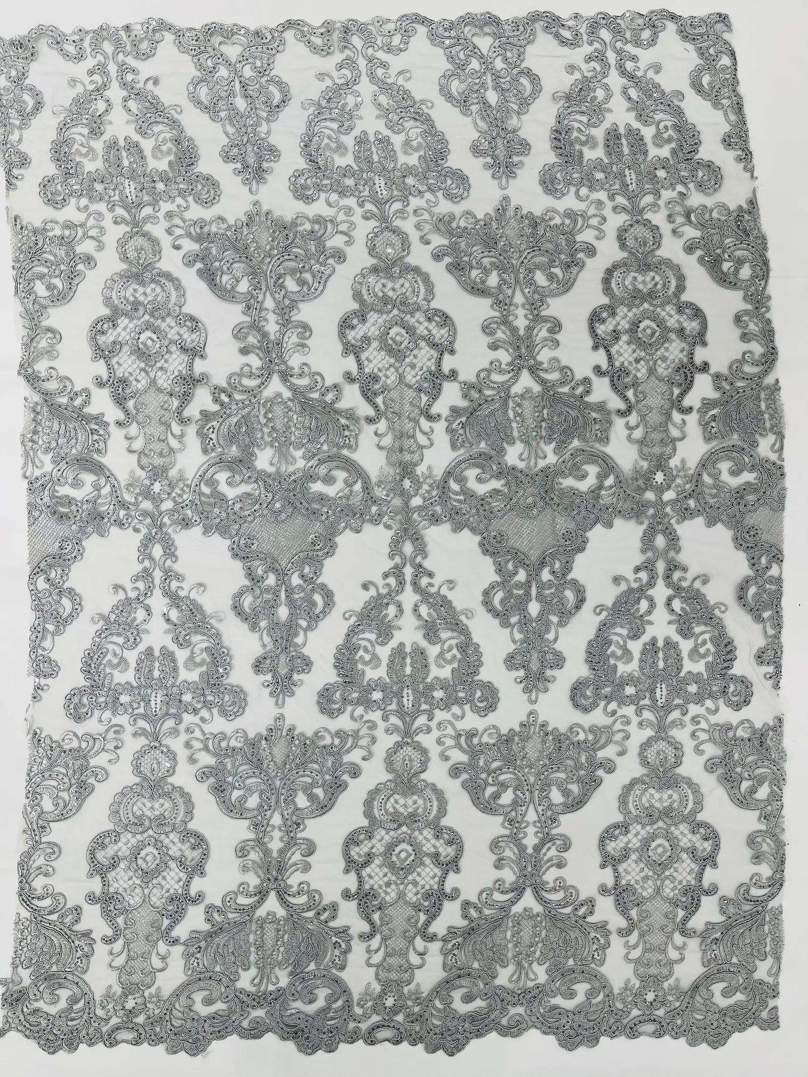 Embroidery Damask Design With Sequins On A Mesh Lace Fabric By Yard. Silver