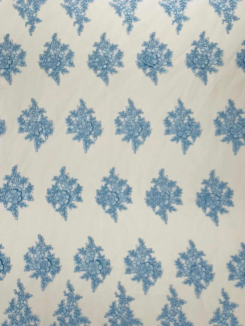 3D - Embroidery Damask Design With Sequins On A Mesh Lace Fabric By Yard. Lt Blue