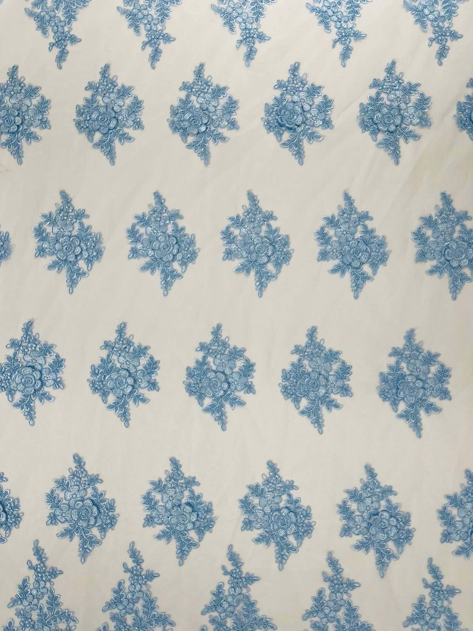 3D - Embroidery Damask Design With Sequins On A Mesh Lace Fabric By Yard. Lt Blue