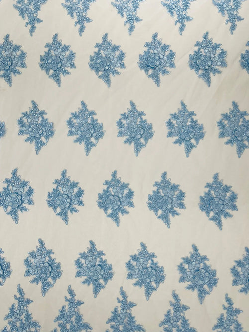 3D - Embroidery Damask Design With Sequins On A Mesh Lace Fabric By Yard. Lt Blue