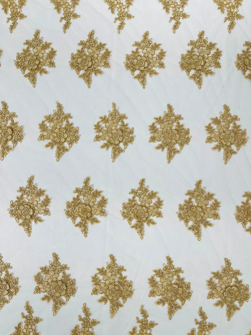 3D - Embroidery Damask Design With Sequins On A Mesh Lace Fabric By Yard. Gold