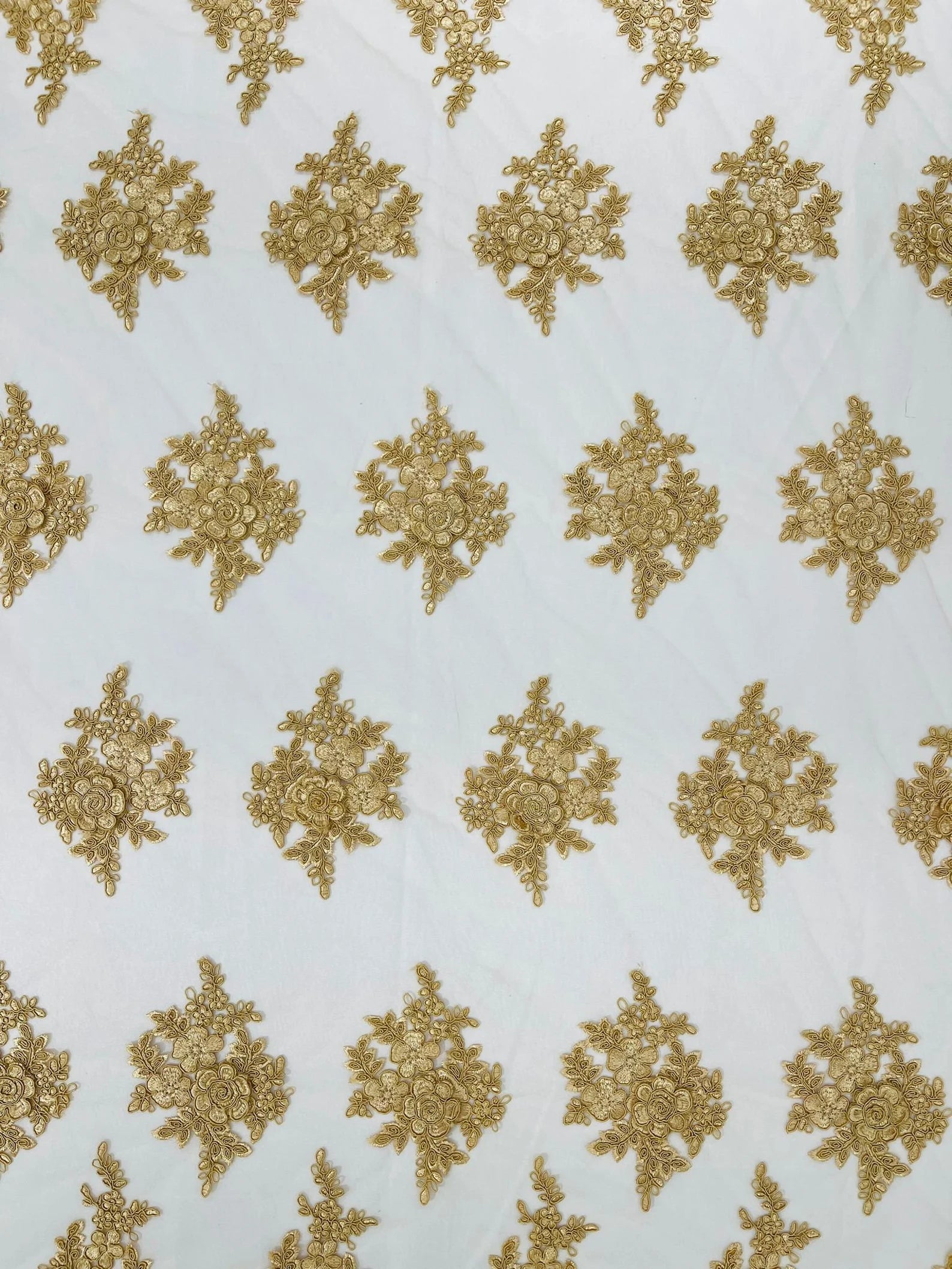 3D - Embroidery Damask Design With Sequins On A Mesh Lace Fabric By Yard. Gold