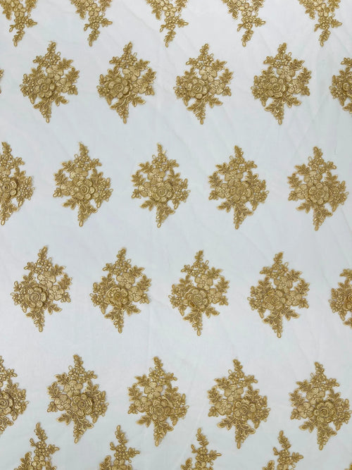 3D - Embroidery Damask Design With Sequins On A Mesh Lace Fabric By Yard. Gold