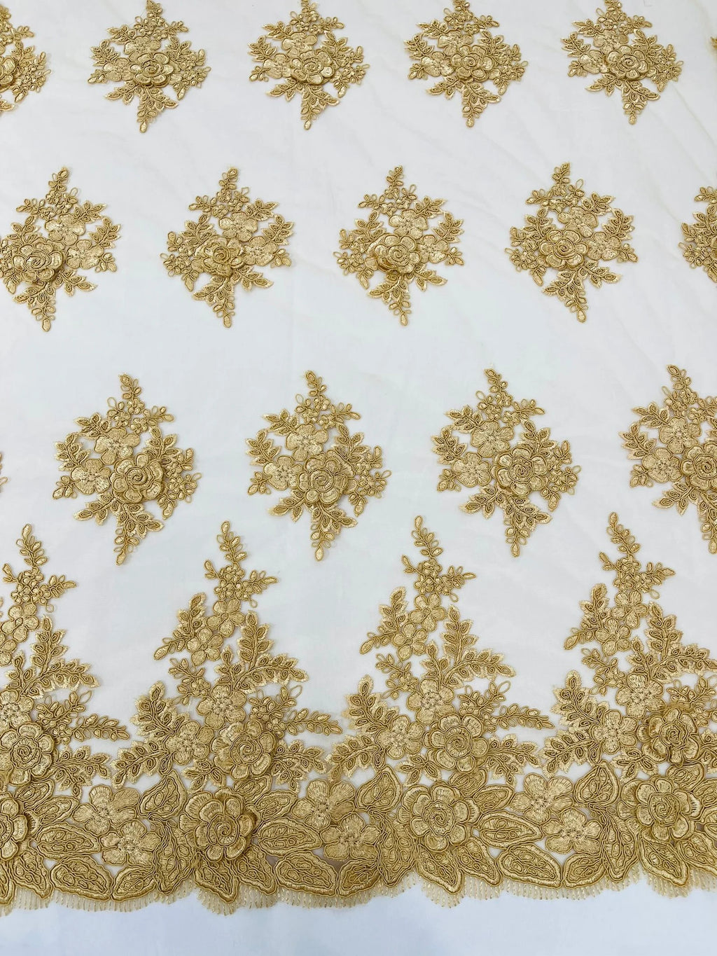3D - Embroidery Damask Design With Sequins On A Mesh Lace Fabric By Yard. Gold