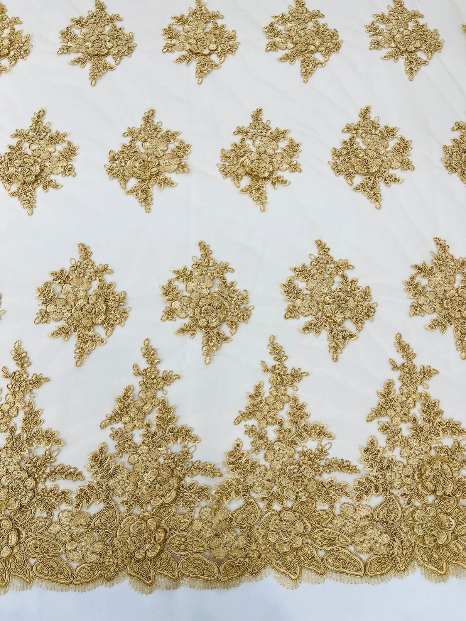 3D - Embroidery Damask Design With Sequins On A Mesh Lace Fabric By Yard. Gold