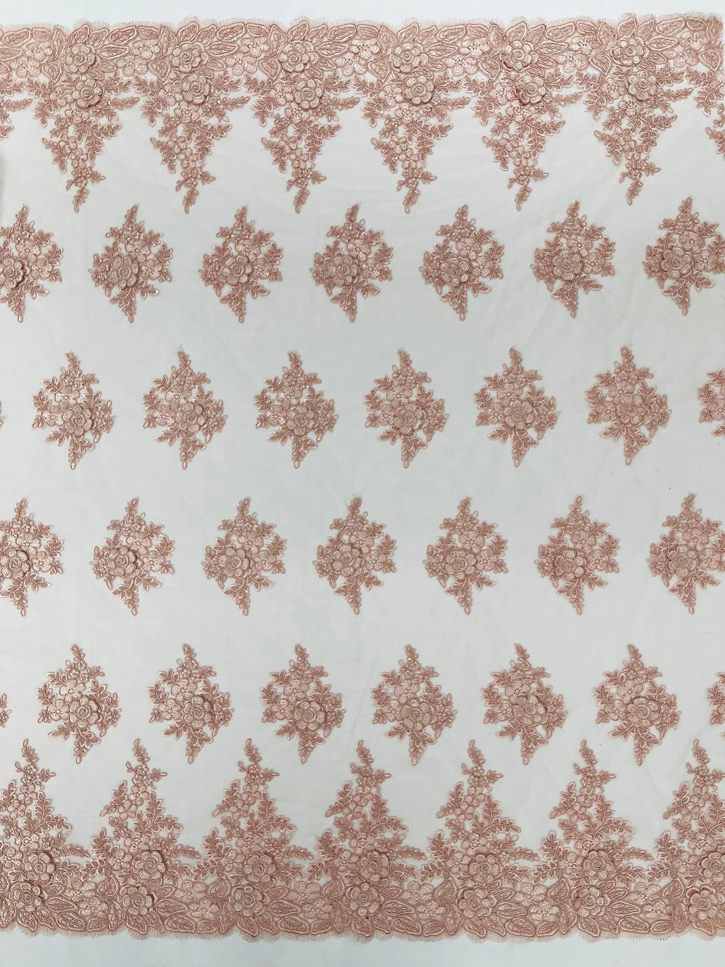 3D - Embroidery Damask Design With Sequins On A Mesh Lace Fabric By Yard. Blush Pink