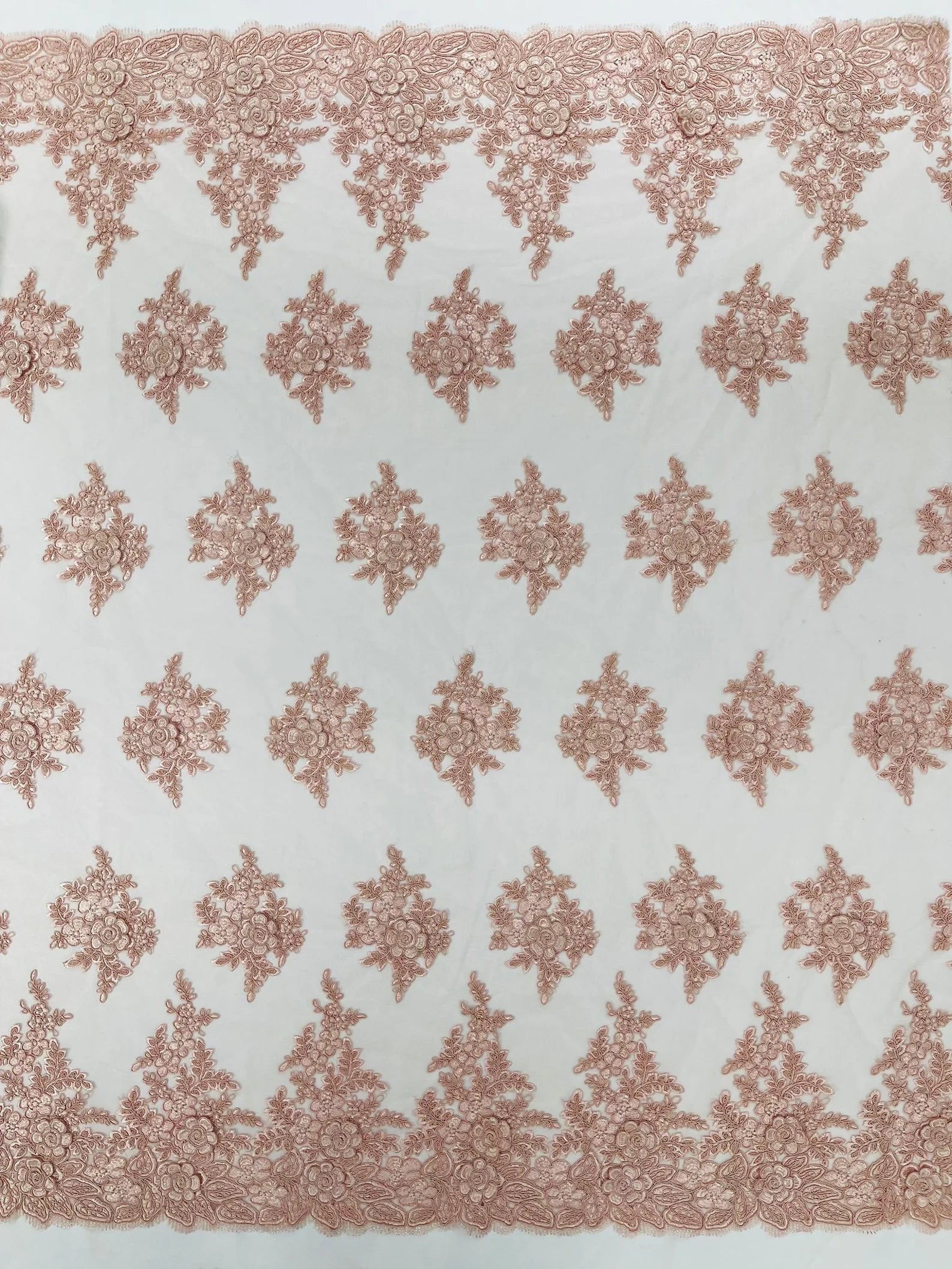 3D - Embroidery Damask Design With Sequins On A Mesh Lace Fabric By Yard. Blush Pink