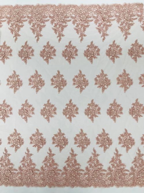 3D - Embroidery Damask Design With Sequins On A Mesh Lace Fabric By Yard. Blush Pink
