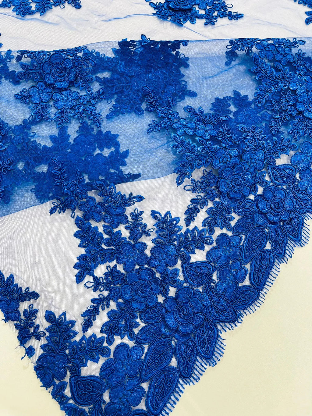 3D - Embroidery Damask Design With Sequins On A Mesh Lace Fabric By Yard. Royal Blue