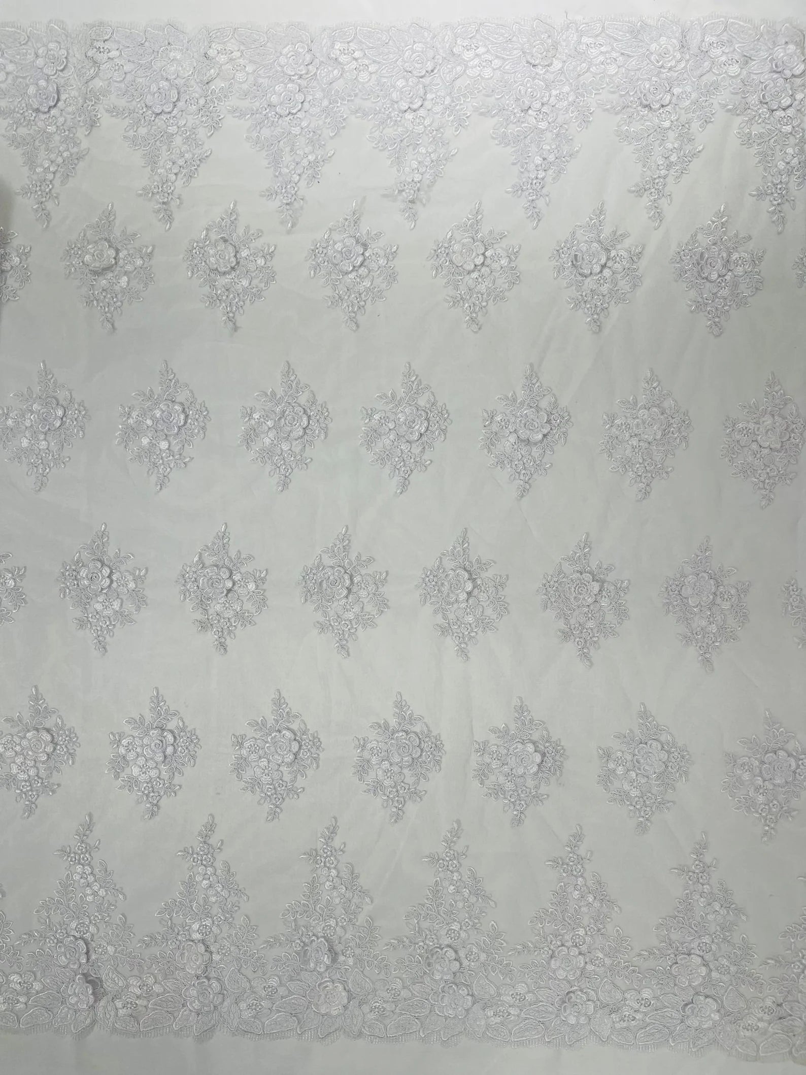 3D - Embroidery Damask Design With Sequins On A Mesh Lace Fabric By Yard. White