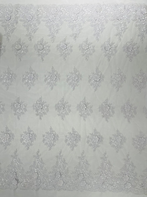 3D - Embroidery Damask Design With Sequins On A Mesh Lace Fabric By Yard. White