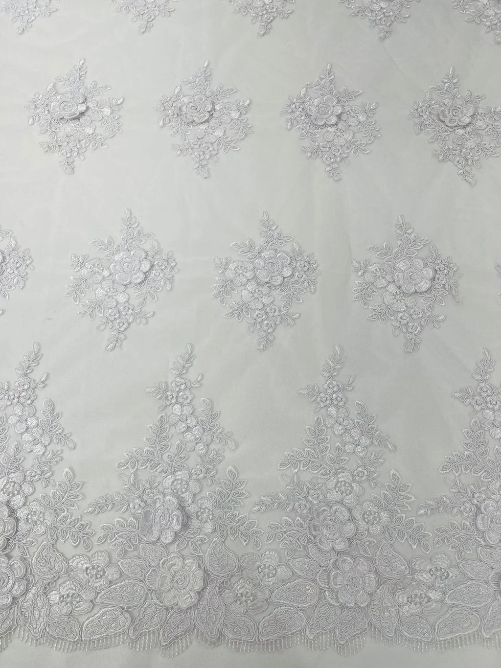 3D - Embroidery Damask Design With Sequins On A Mesh Lace Fabric By Yard. White