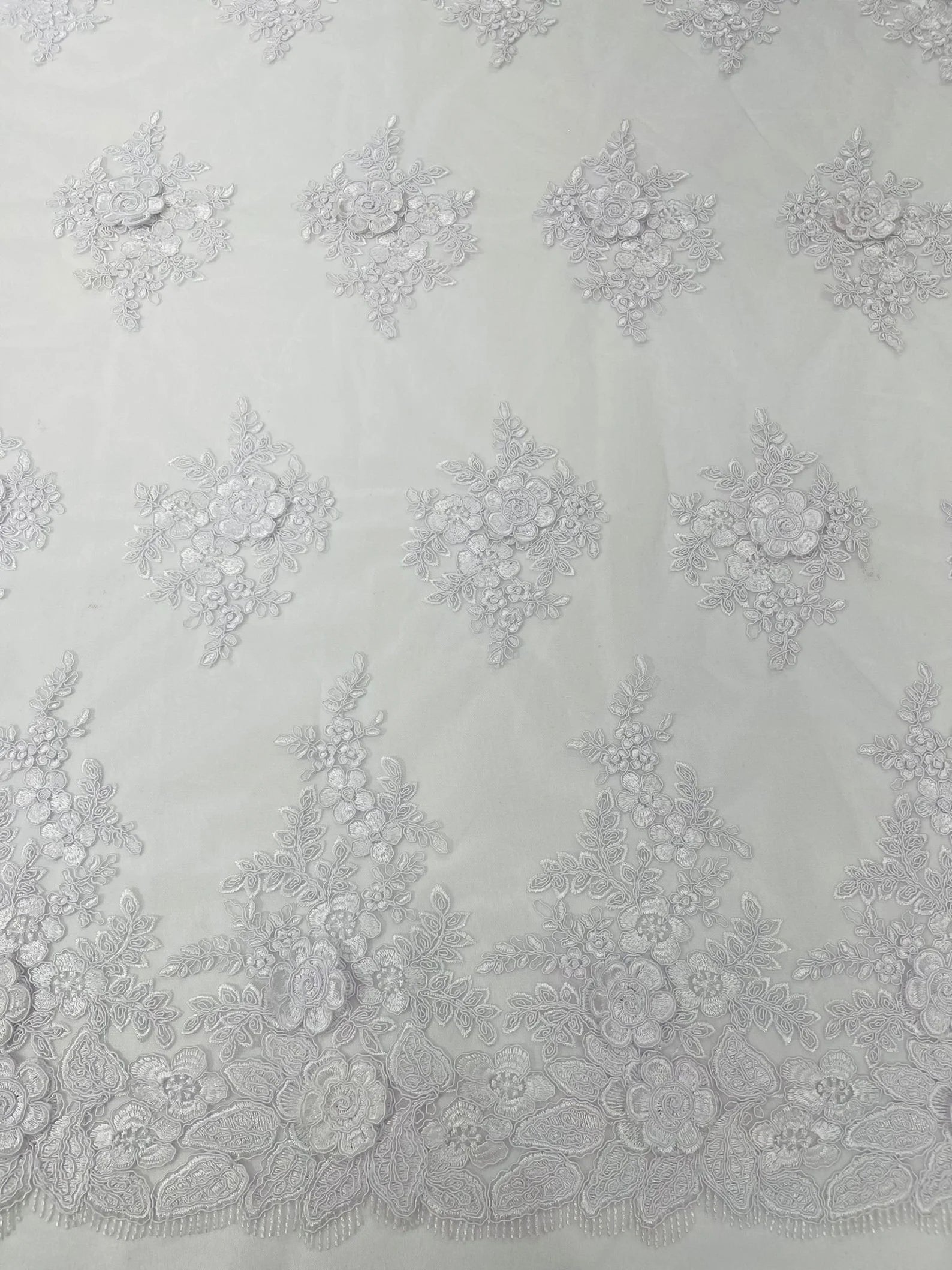 3D - Embroidery Damask Design With Sequins On A Mesh Lace Fabric By Yard. White