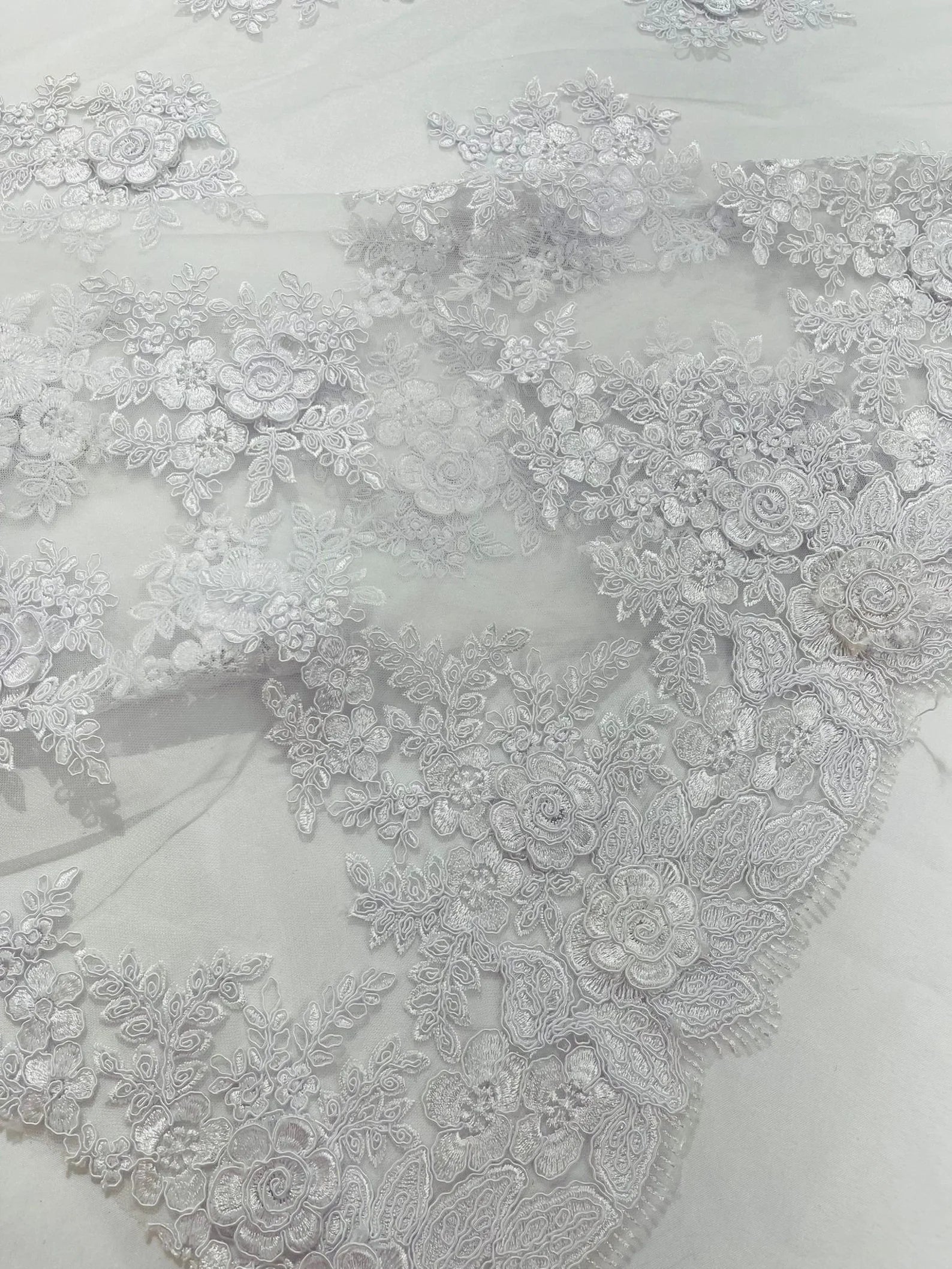 3D - Embroidery Damask Design With Sequins On A Mesh Lace Fabric By Yard. White