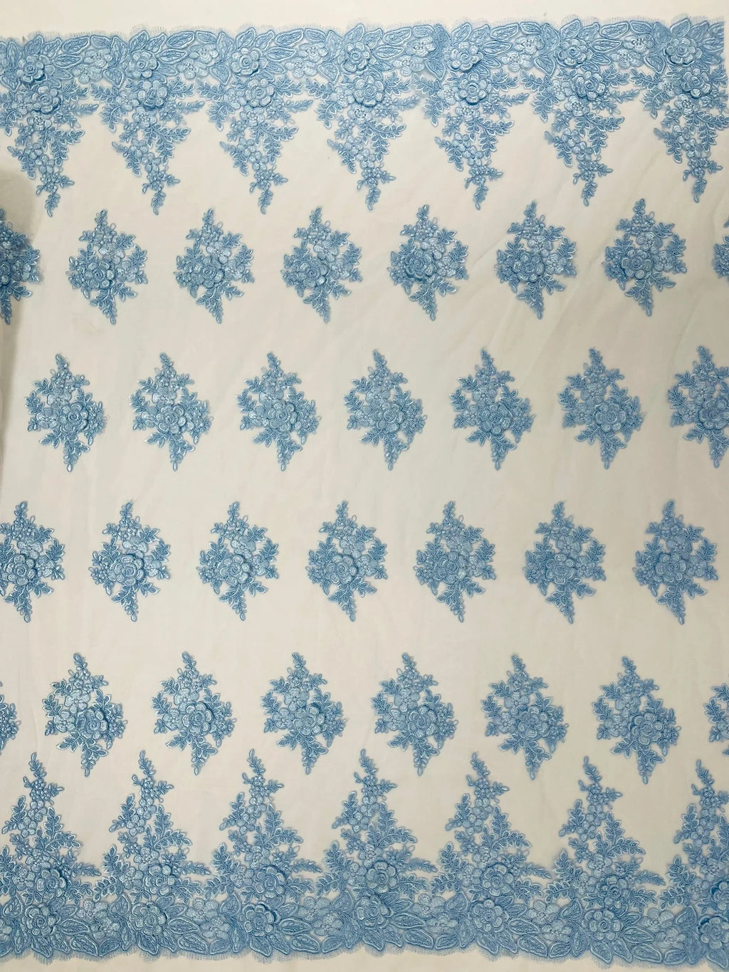 3D - Embroidery Damask Design With Sequins On A Mesh Lace Fabric By Yard. Lt Blue