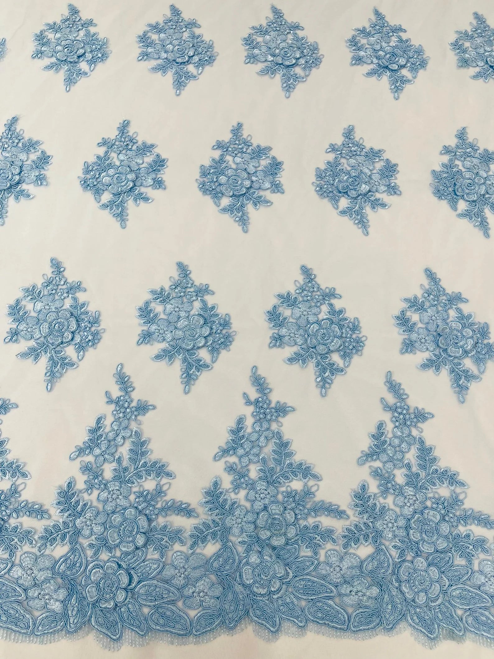 3D - Embroidery Damask Design With Sequins On A Mesh Lace Fabric By Yard. Lt Blue