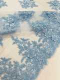 3D - Embroidery Damask Design With Sequins On A Mesh Lace Fabric By Yard. Lt Blue