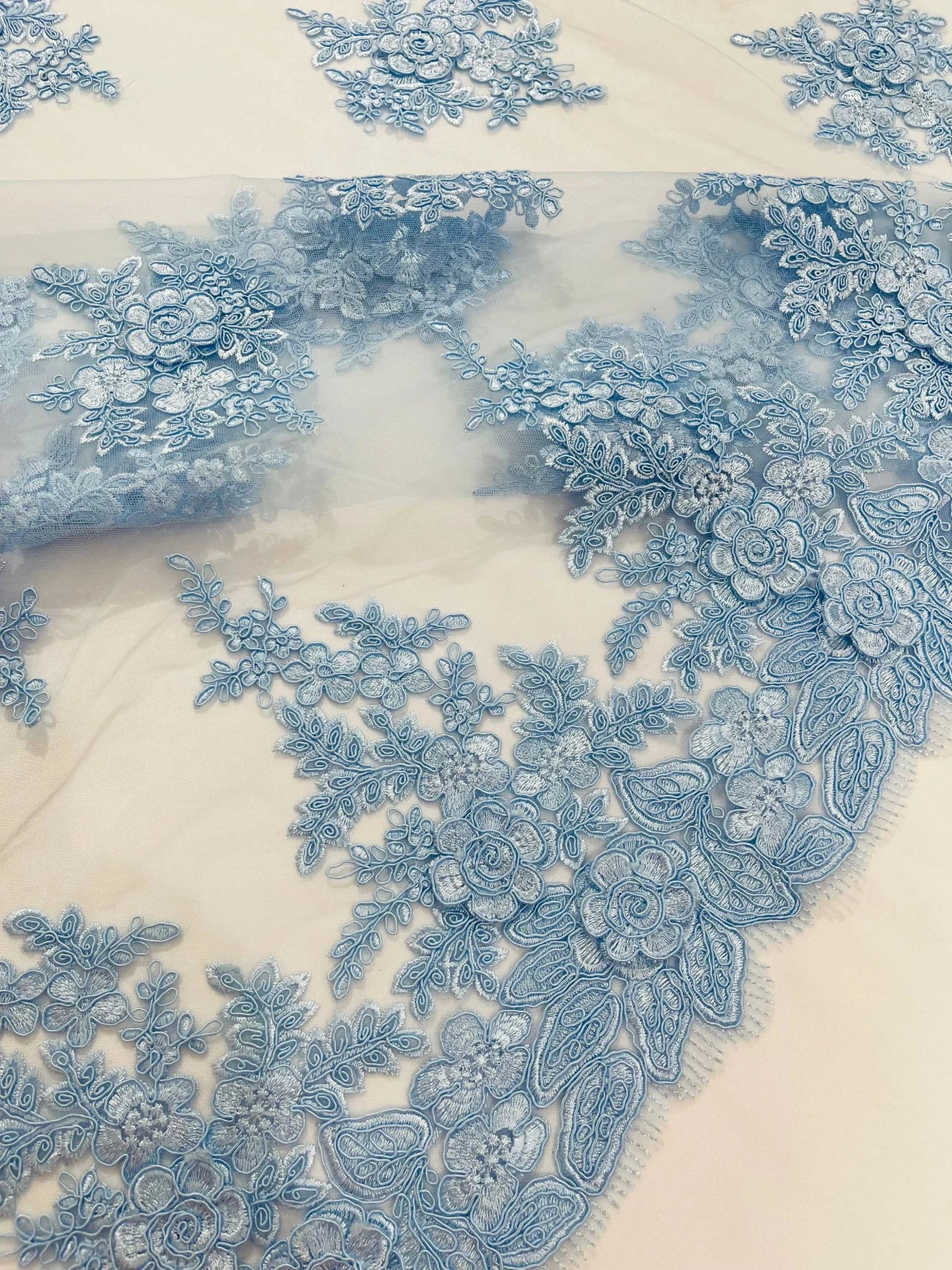 3D - Embroidery Damask Design With Sequins On A Mesh Lace Fabric By Yard. Lt Blue