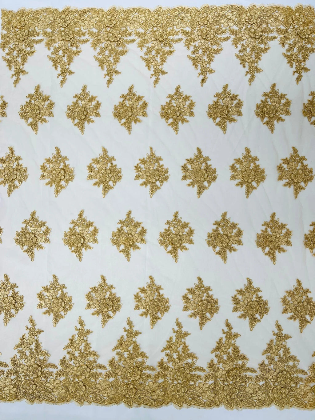 3D - Embroidery Damask Design With Sequins On A Mesh Lace Fabric By Yard. Gold