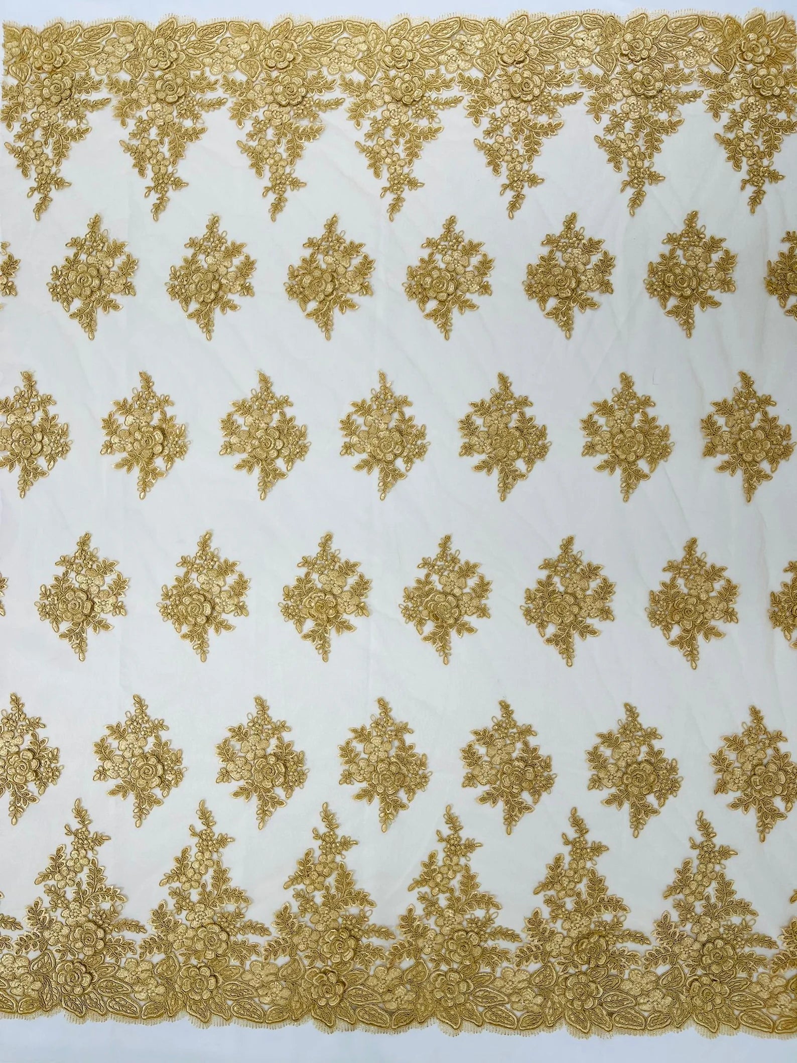3D - Embroidery Damask Design With Sequins On A Mesh Lace Fabric By Yard. Gold