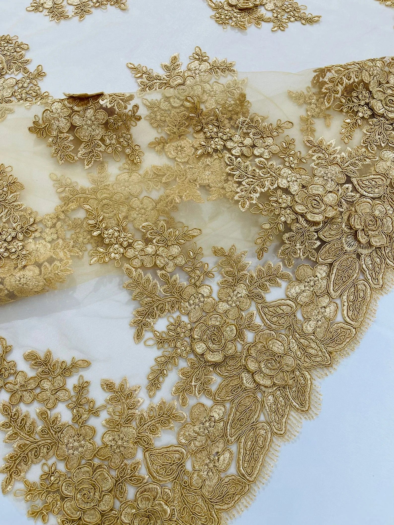 3D - Embroidery Damask Design With Sequins On A Mesh Lace Fabric By Yard. Gold