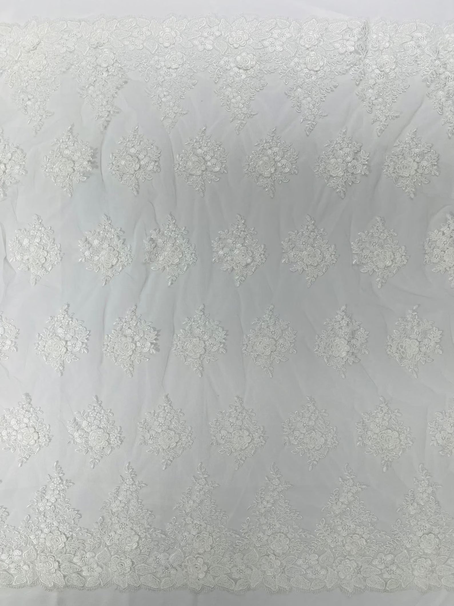 3D - Embroidery Damask Design With Sequins On A Mesh Lace Fabric By Yard. Ivory