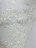 3D - Embroidery Damask Design With Sequins On A Mesh Lace Fabric By Yard. Ivory