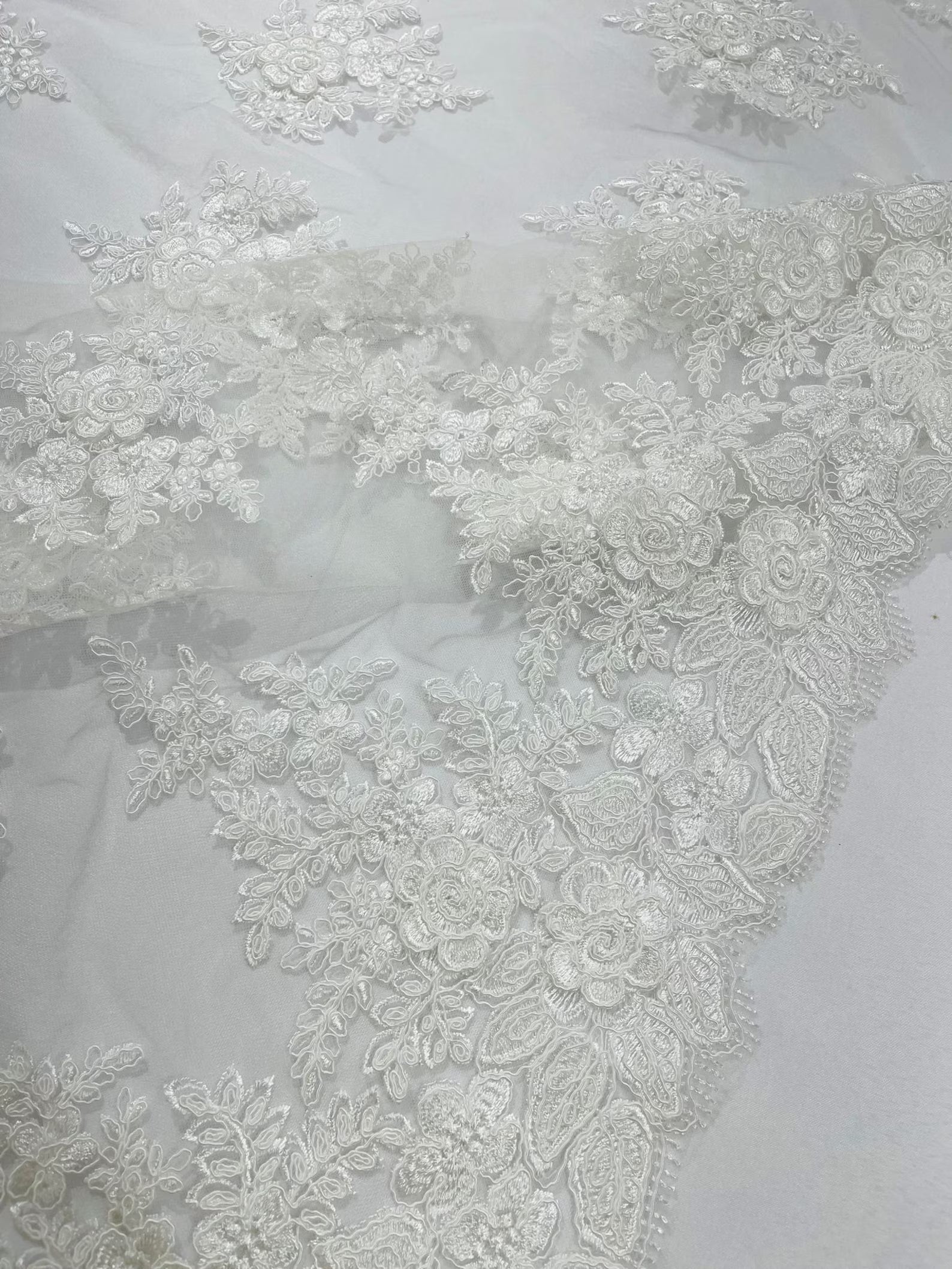 3D - Embroidery Damask Design With Sequins On A Mesh Lace Fabric By Yard. Ivory