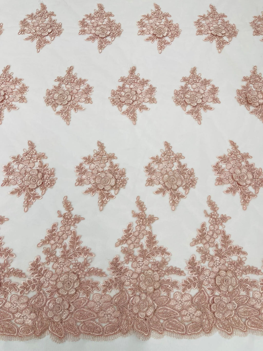 3D - Embroidery Damask Design With Sequins On A Mesh Lace Fabric By Yard. Blush Pink