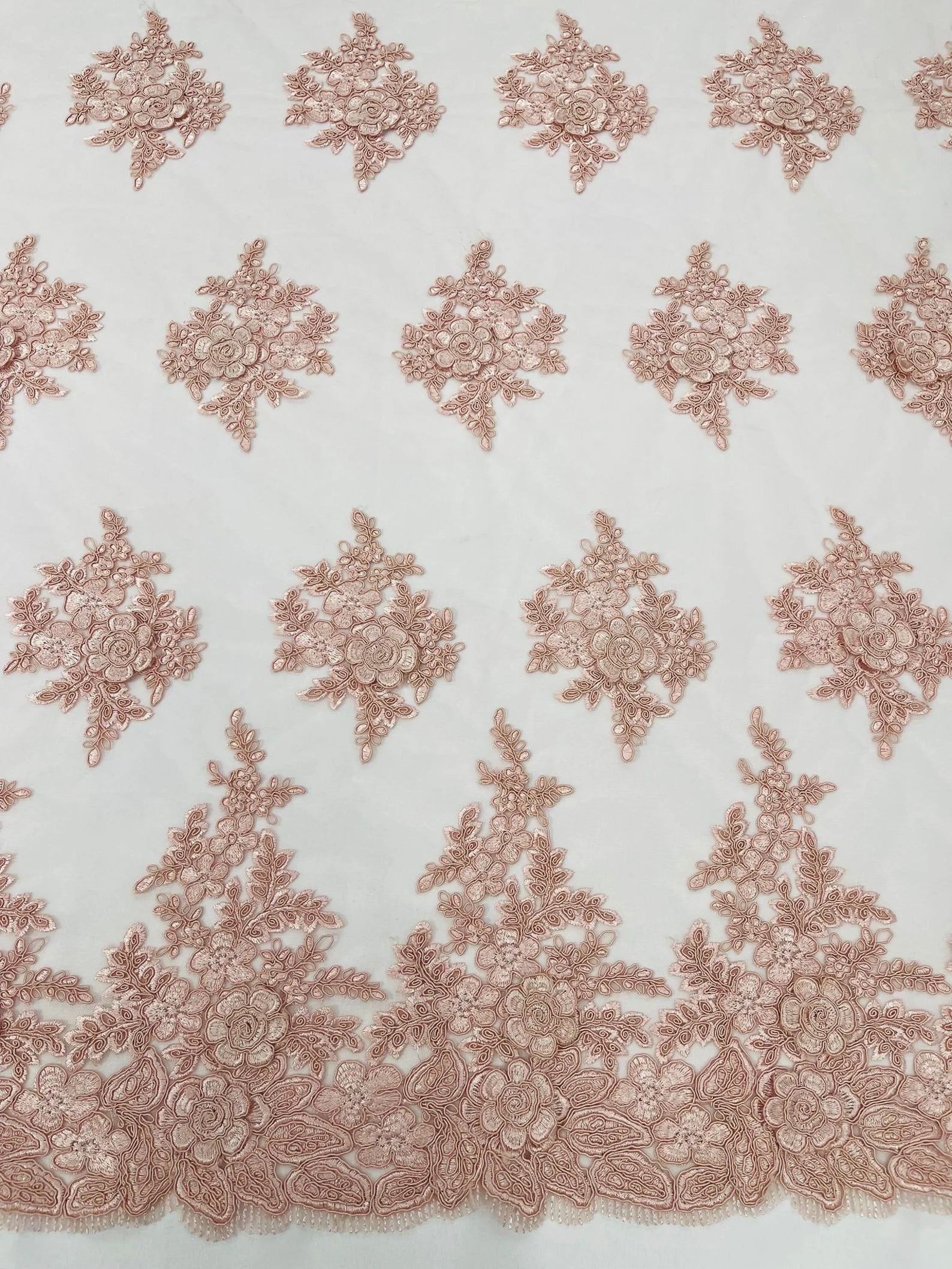 3D - Embroidery Damask Design With Sequins On A Mesh Lace Fabric By Yard. Blush Pink