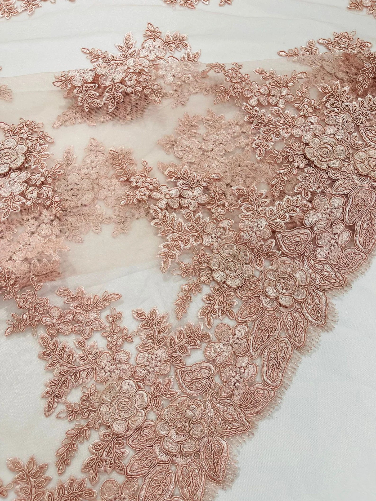 3D - Embroidery Damask Design With Sequins On A Mesh Lace Fabric By Yard. Blush Pink