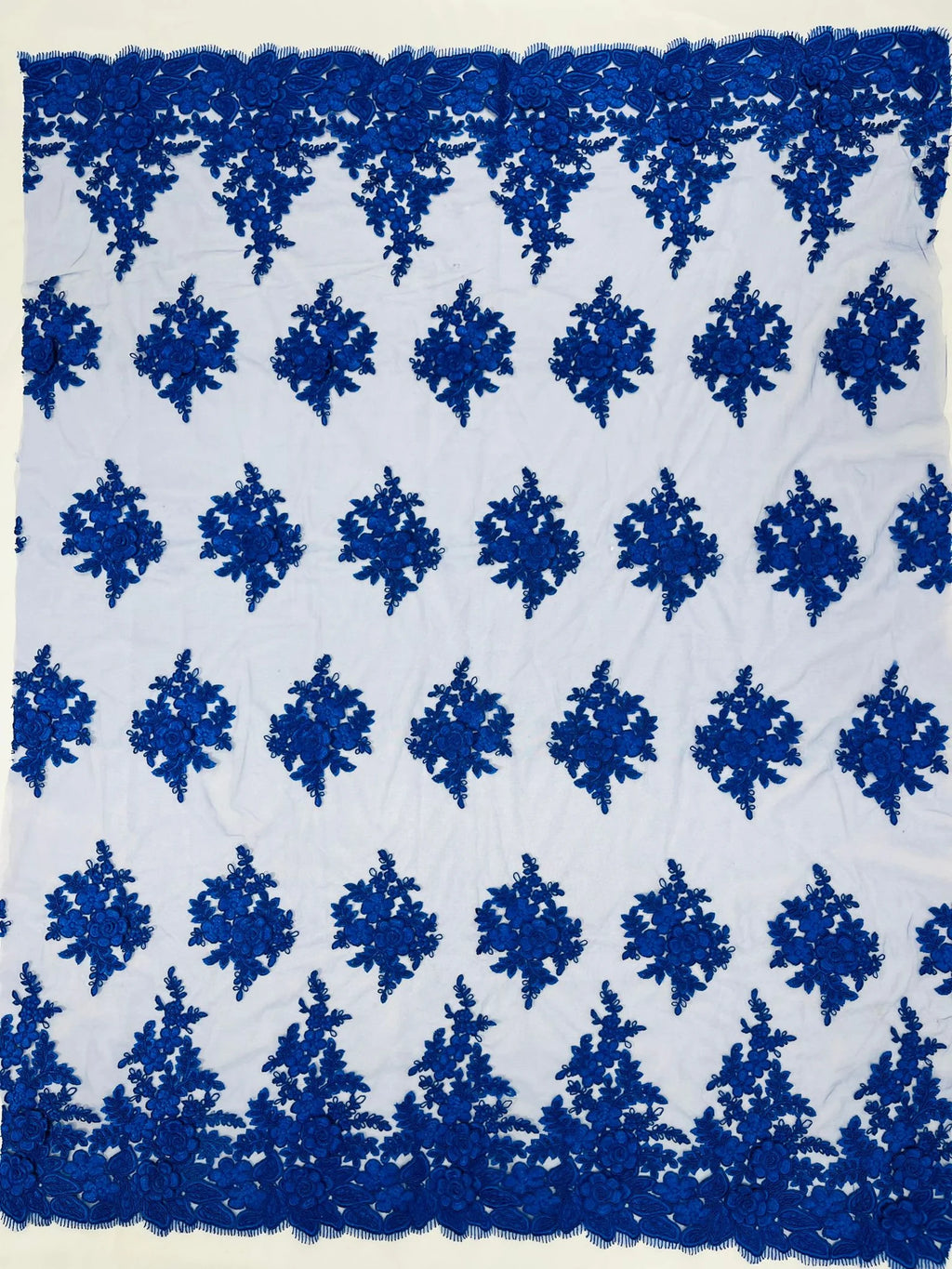 3D - Embroidery Damask Design With Sequins On A Mesh Lace Fabric By Yard. Royal Blue