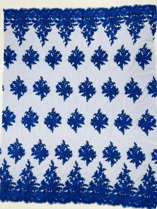 3D - Embroidery Damask Design With Sequins On A Mesh Lace Fabric By Yard. Royal Blue