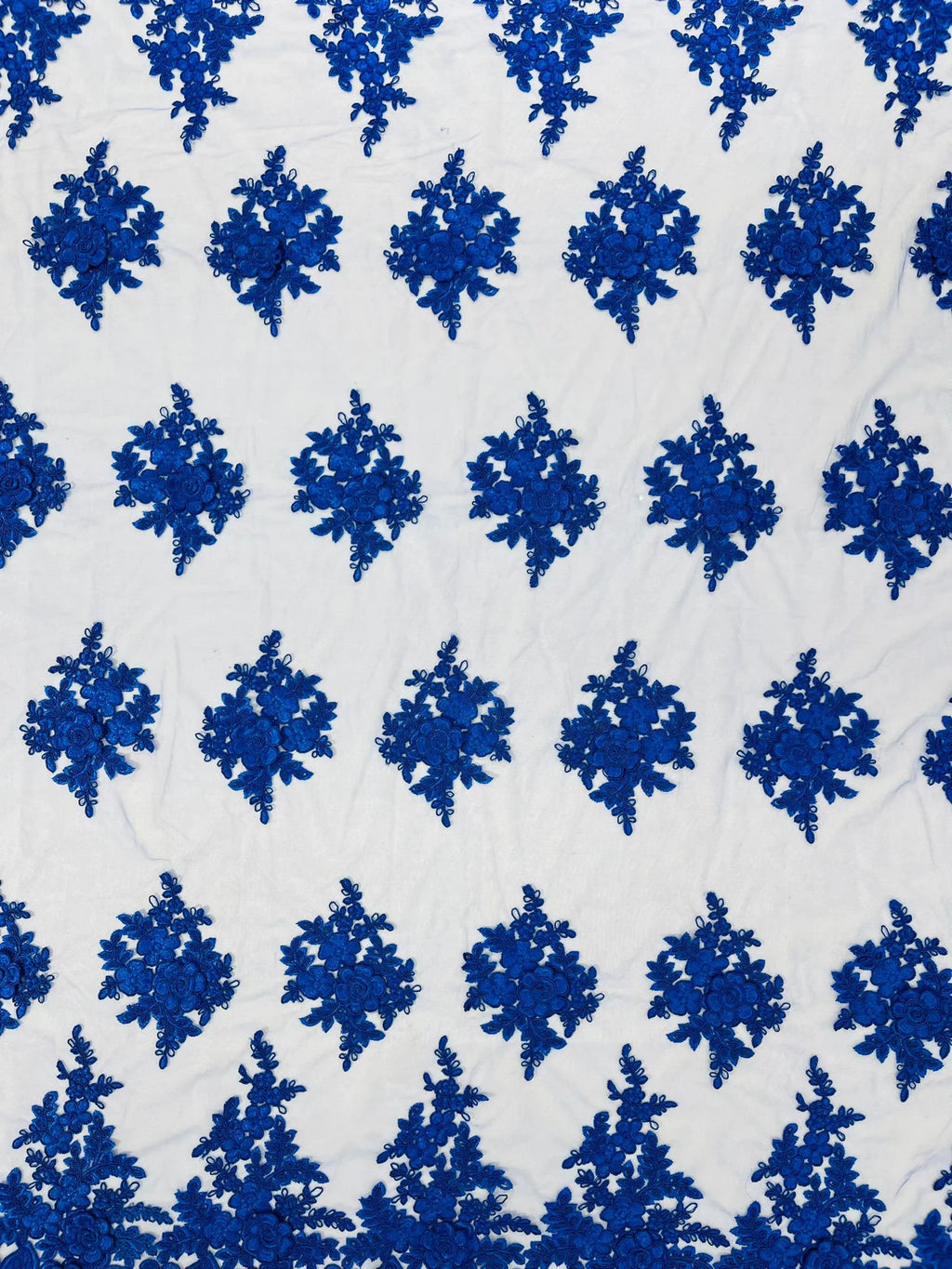 3D - Embroidery Damask Design With Sequins On A Mesh Lace Fabric By Yard. Royal Blue
