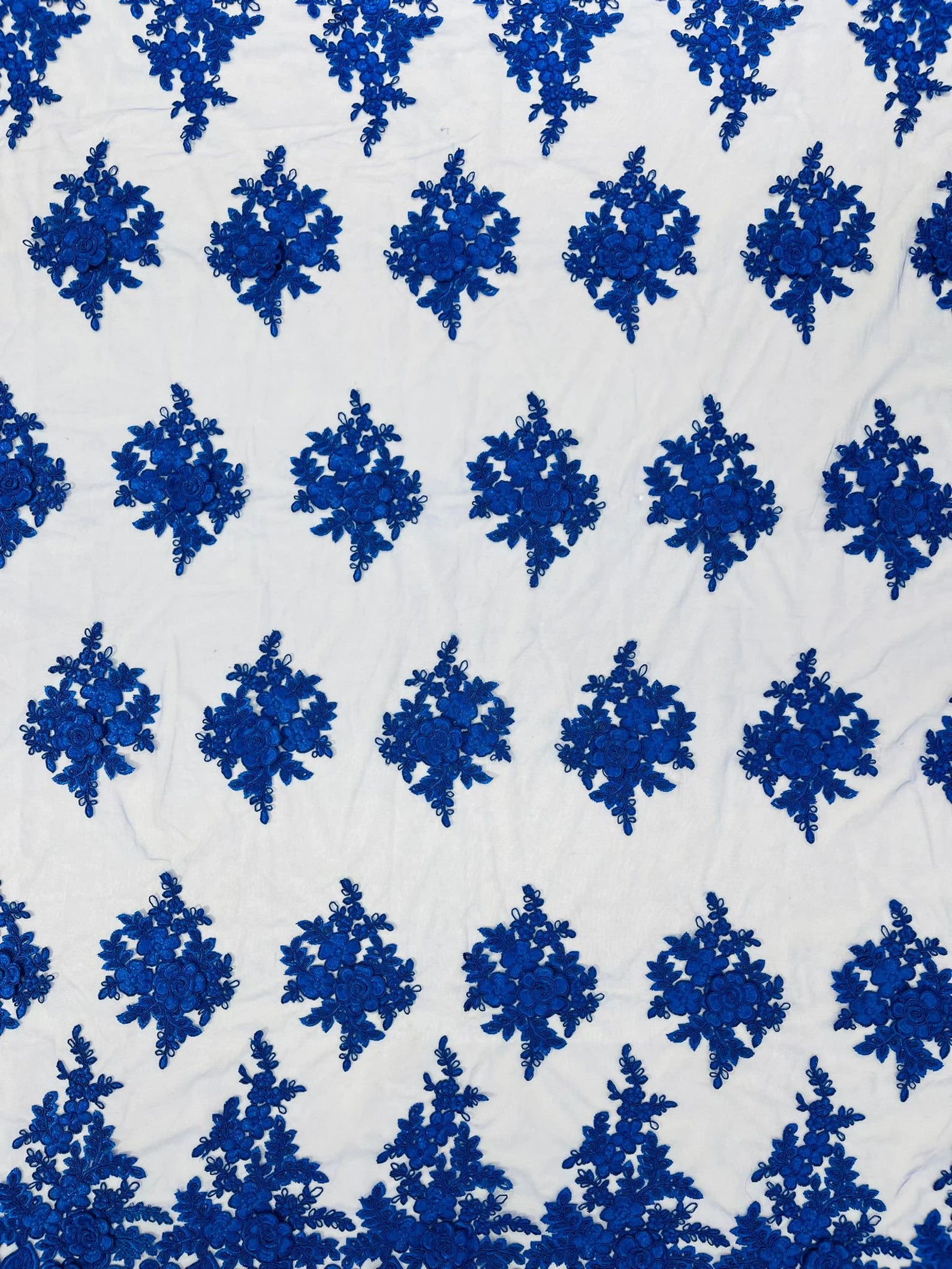 3D - Embroidery Damask Design With Sequins On A Mesh Lace Fabric By Yard. Royal Blue