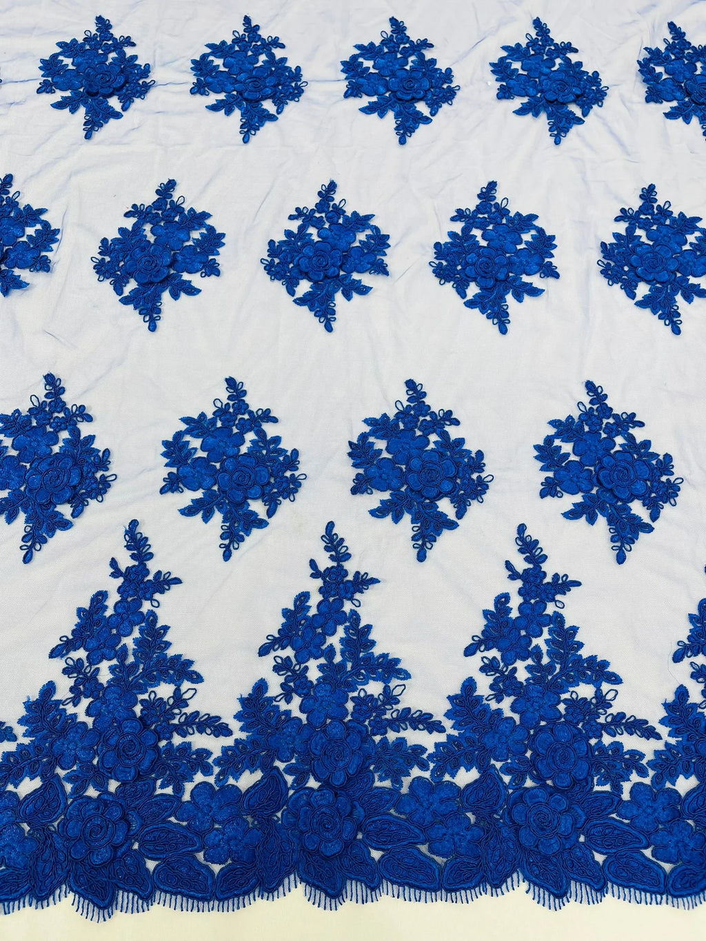 3D - Embroidery Damask Design With Sequins On A Mesh Lace Fabric By Yard. Royal Blue